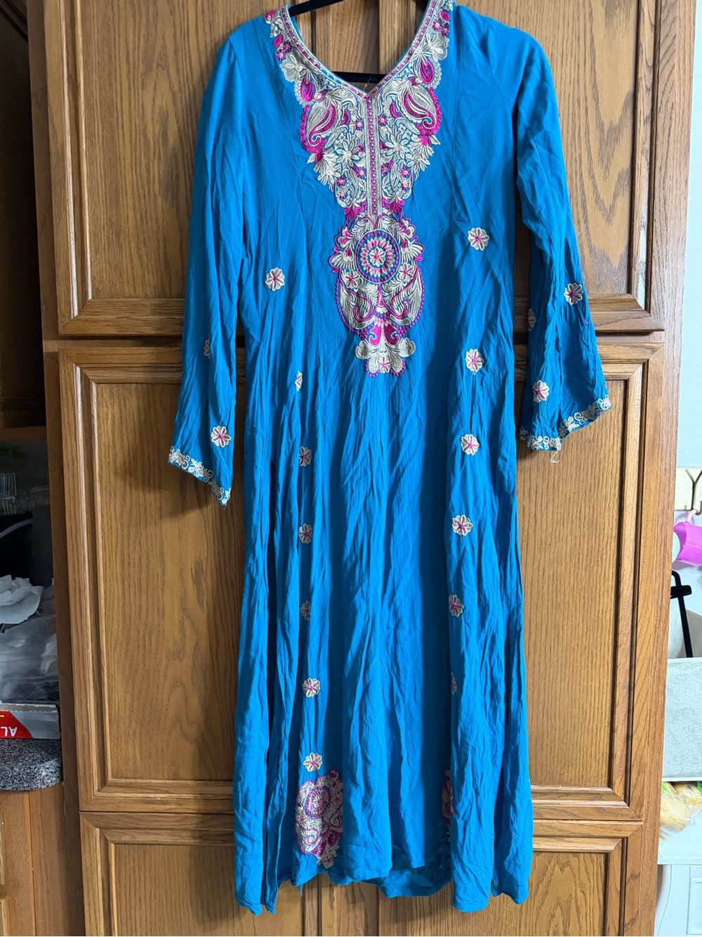 vibrant blue Indian Desi formal dress fits like a medium